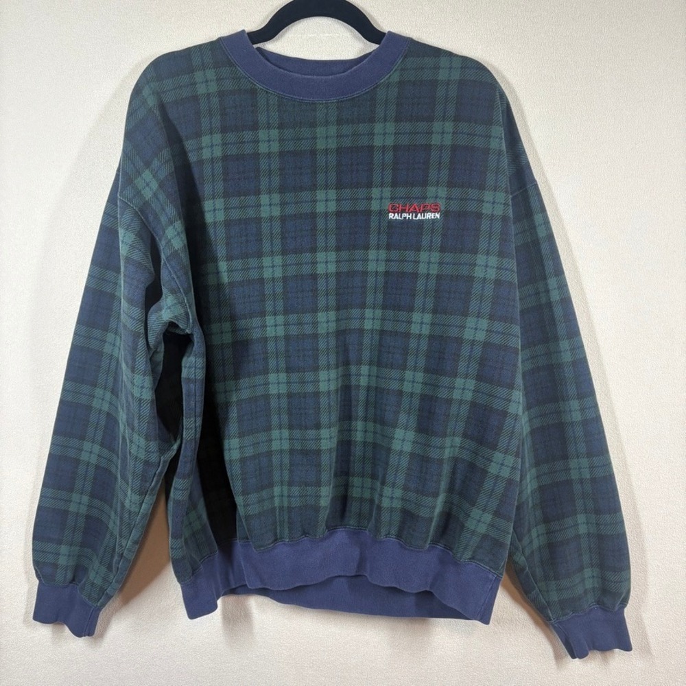 Vtg Chaps Ralph Lauren Black Watch Tartan Plaid Crewneck Men XL Blue Green READ